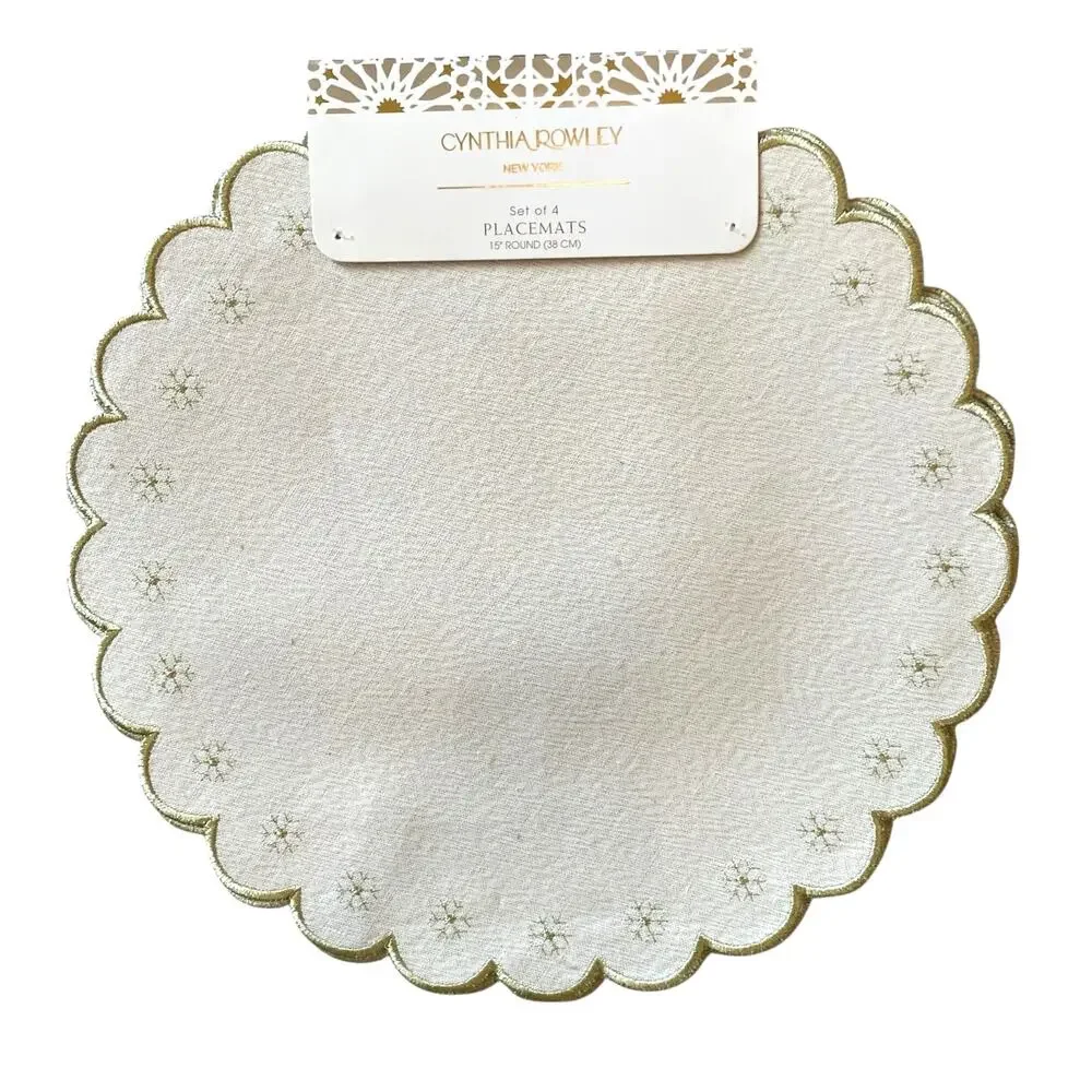 4pc Cynthia Rowley Snowflake Placemats 15in Scalloped Metallic Gold & Cream NEW